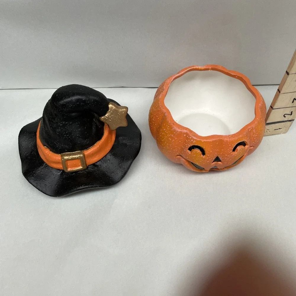 Vtg Jack -O-Lantern Pumpkin Ceramic Covered Bowl Textured Candy Dish